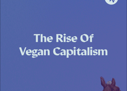 Teal on dark blue text reads "The Rise Of Vegan Capitalism". Smaller teal subtext in bottom left reads "plant based doesn't equal ethical".